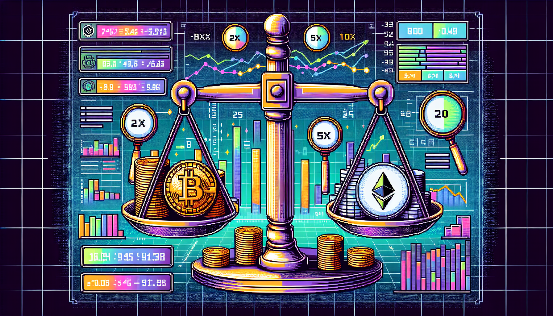 A detailed infographic illustrating the concept of leverage in cryptocurrency exchanges. The image features a balance scale with cryptocurrencies like Bitcoin and Ethereum on one side and magnifying glasses labeled '2x', '5x', '10x', showing different leverage ratios, on the other side. Background elements include charts, graphs, and a futuristic digital interface, emphasizing the analytical and technological aspects of crypto trading.