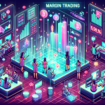 Create an image that illustrates the concept of FTX margin trading: A futuristic financial trading platform with holographic charts, cryptocurrency icons, and diverse traders using advanced technology. Show dynamic action with some traders analyzing data on floating screens and others making transactions. Include elements like margin percentages, calculators, and graphs to indicate the complexity of margin trading. The atmosphere should be vibrant and high-tech, conveying both the excitement and precision of digital finance.