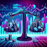 Create an illustration that visualizes the concept of leverage in crypto trading. Show a balance scale where one side features a small amount of cryptocurrency and the other side has a large stack of coins, representing amplified gains. Include graphs and charts in the background depicting rising and falling trends, and incorporate a digital, futuristic aesthetic to highlight the modern and high-tech nature of cryptocurrency markets.