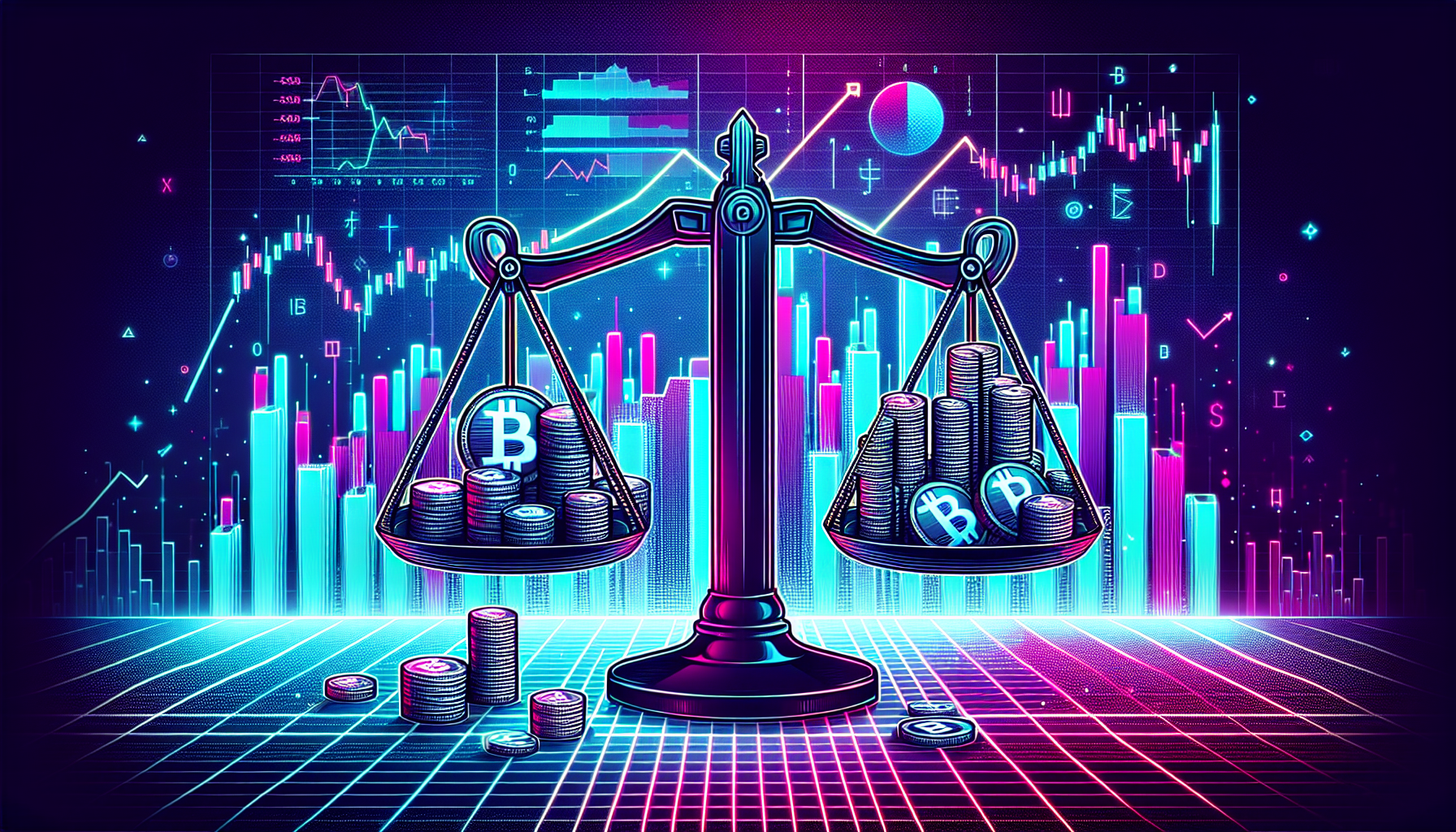 Create an illustration that visualizes the concept of leverage in crypto trading. Show a balance scale where one side features a small amount of cryptocurrency and the other side has a large stack of coins, representing amplified gains. Include graphs and charts in the background depicting rising and falling trends, and incorporate a digital, futuristic aesthetic to highlight the modern and high-tech nature of cryptocurrency markets.