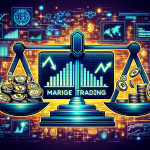 Create an image depicting the concept of margin trading in cryptocurrency. Illustrate a balance scale with stacks of coins and graphs on one side representing potential profits, and a warning sign with falling coins on the other side, symbolizing the risks. Include an abstract, digital background with cryptocurrency symbols and charts to capture the high-stakes nature of the trading environment.