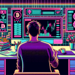 Create an illustration of a person sitting at a computer, surrounded by cryptocurrency symbols like Bitcoin and Ethereum. The computer screen shows a trading interface with charts and margin indicators. The person looks focused and is holding a notepad with handwritten notes. In the background, include elements like a coffee cup, books titled 'Trading Basics' and 'Crypto Guide', and a bright, modern home office setting. The overall theme should be educational and slightly tech-savvy.