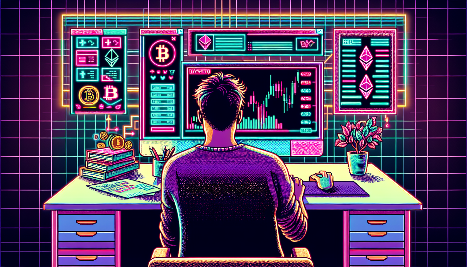 Create an illustration of a person sitting at a computer, surrounded by cryptocurrency symbols like Bitcoin and Ethereum. The computer screen shows a trading interface with charts and margin indicators. The person looks focused and is holding a notepad with handwritten notes. In the background, include elements like a coffee cup, books titled 'Trading Basics' and 'Crypto Guide', and a bright, modern home office setting. The overall theme should be educational and slightly tech-savvy.