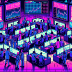 Create an illustration of a modern, dynamic financial trading environment featuring a diverse group of individuals using advanced computers and charts. Central to the scene is the FTX US platform screen showing complex margin trading activities and graphs. Background elements include subtle cryptocurrency symbols and stock market tickers, creating a sense of high-tech sophistication and fast-paced trading culture.