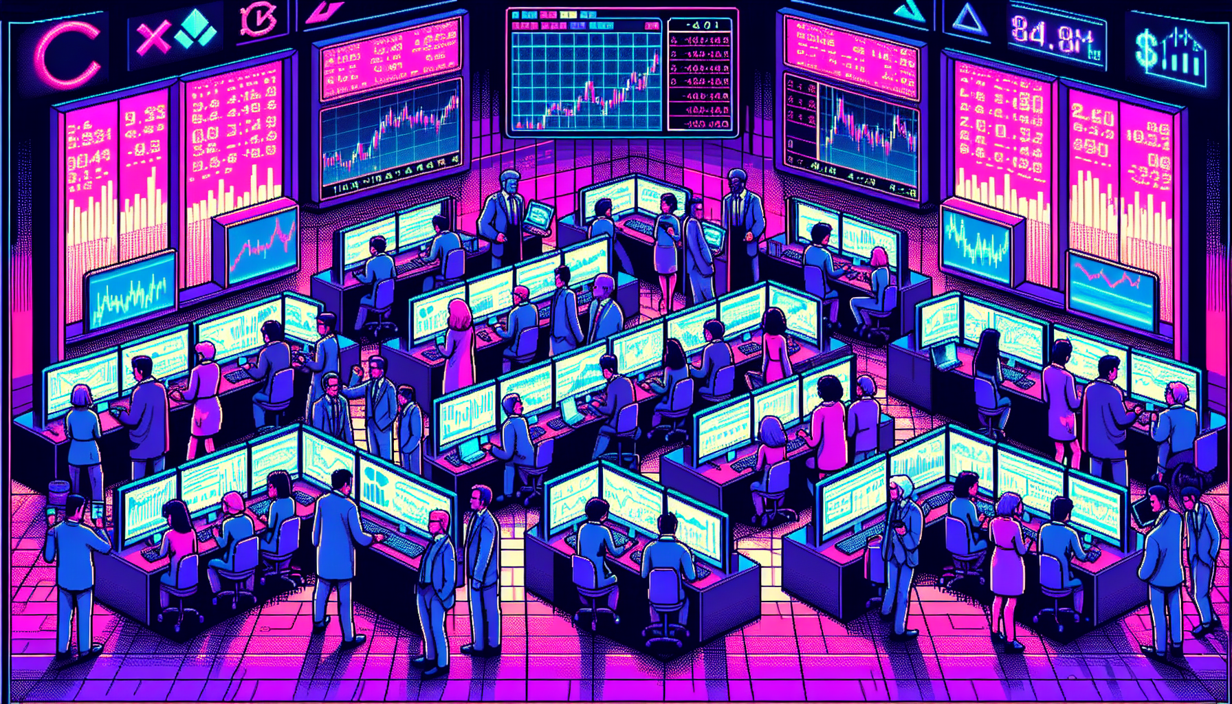 Create an illustration of a modern, dynamic financial trading environment featuring a diverse group of individuals using advanced computers and charts. Central to the scene is the FTX US platform screen showing complex margin trading activities and graphs. Background elements include subtle cryptocurrency symbols and stock market tickers, creating a sense of high-tech sophistication and fast-paced trading culture.