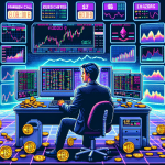 Create a digital illustration depicting a person trading cryptocurrency on a computer, surrounded by various financial charts, margin call alerts, and virtual coins such as Bitcoin and Ethereum. The background should include a futuristic trading floor with glowing screens displaying market data. The image should convey both the excitement and risks associated with buying crypto on margin.