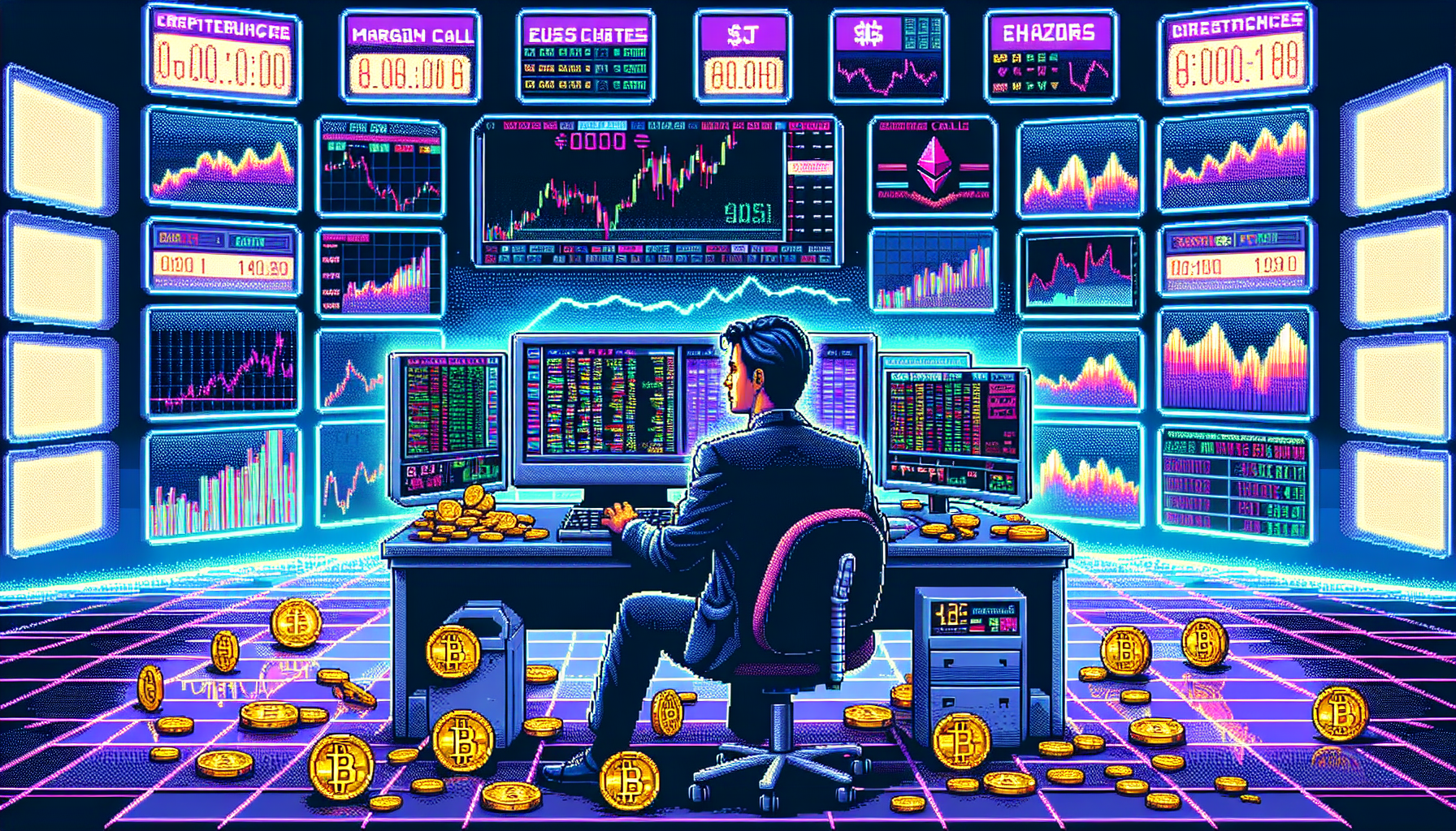 Create a digital illustration depicting a person trading cryptocurrency on a computer, surrounded by various financial charts, margin call alerts, and virtual coins such as Bitcoin and Ethereum. The background should include a futuristic trading floor with glowing screens displaying market data. The image should convey both the excitement and risks associated with buying crypto on margin.