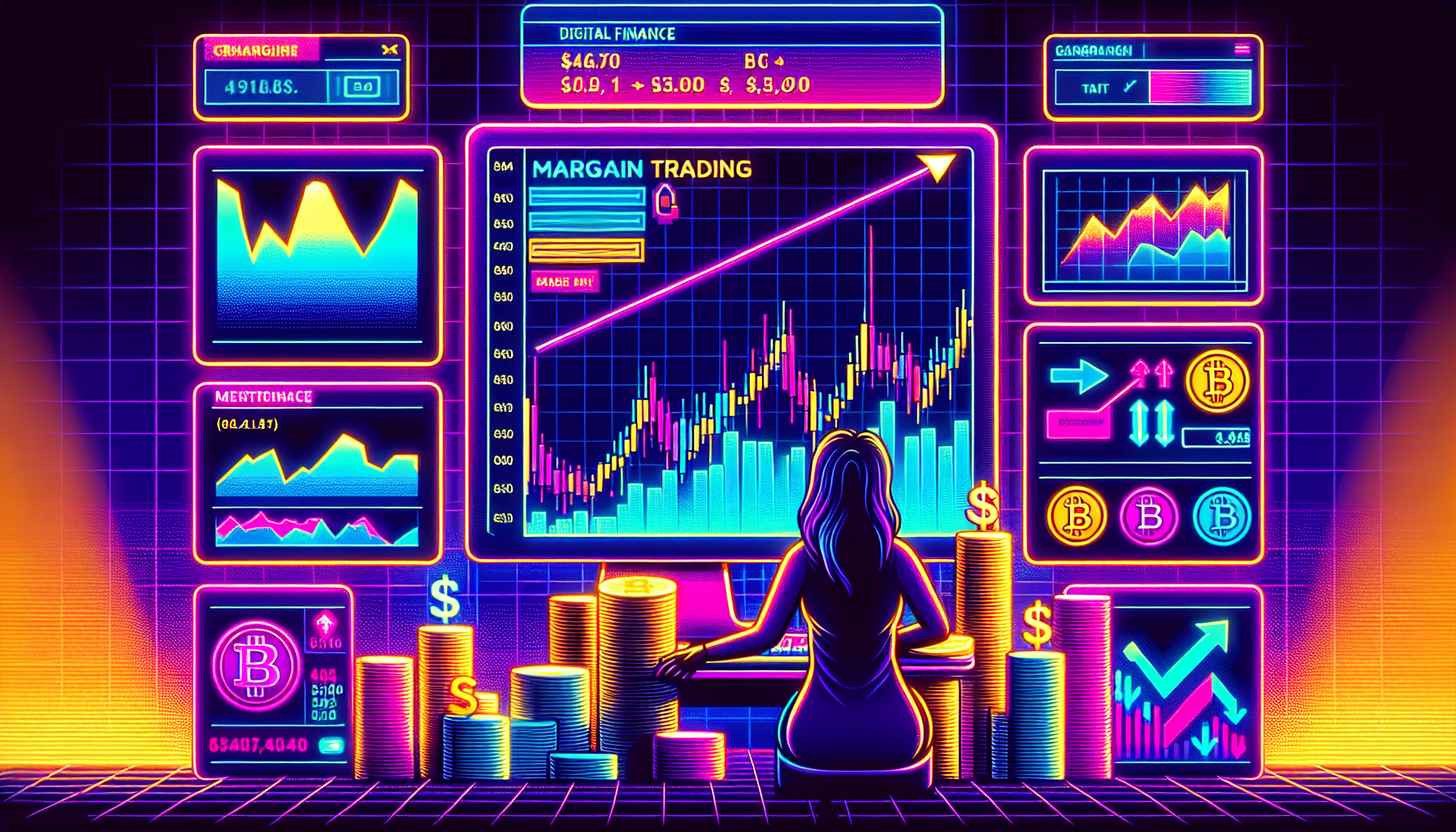 Create a visually engaging image featuring a modern, sleek trading interface on a computer screen, displaying the Gemini logo prominently. The screen should show graphs, charts, and margin trading options. Surround the computer with financial symbols like market trend arrows, cryptocurrency coins (like Bitcoin and Ethereum), and stacks of money. Include a user intently examining the screen, with a dynamic background that reflects the fast-paced nature of trading.