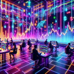 Create an image depicting a futuristic trading platform with holographic screens displaying various cryptocurrencies. Show traders in professional attire analyzing graphs and data with intense concentration. Incorporate elements like floating leverage bars or scales to symbolize finding the best leverage for crypto trading, all set in a high-tech, sleek environment.