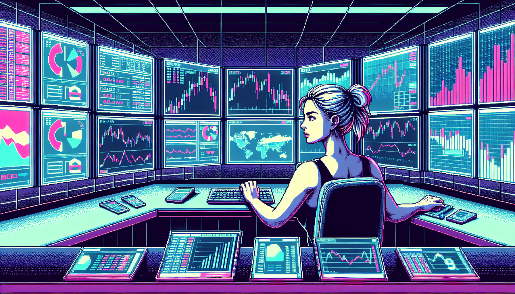 Create a detailed and futuristic digital illustration of a trader leveraging multiple cryptocurrency exchanges on high-tech screens to maximize profit. The scene should include graphs, charts, and real-time trading data, with a focus on various strategies like arbitrage and limit orders. The trader should appear focused and determined, set in a sleek, cutting-edge trading room filled with technology.