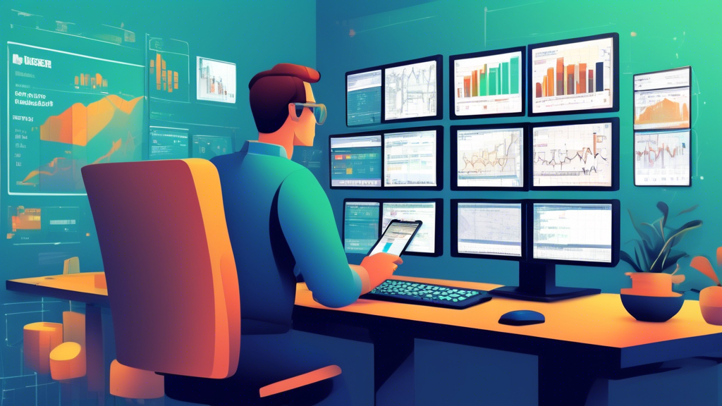 Create a detailed illustration showing a trader using 3Commas for margin trading. The scene includes multiple computer screens with graphs, trading pairs, and the 3Commas interface, featuring tools for setting up trades, monitoring performance, and managing risk. Include elements like digital coins, a calm and focused trader, and an overall educational atmosphere, capturing the essence of mastering the art of margin trading.