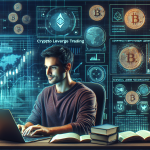 An illustration of a beginner confidently studying cryptocurrency leverage trading on a laptop, surrounded by futuristic digital financial charts and icons. The scene is set in a modern workspace with books and notes on crypto trading strategies. The background features holographic representations of popular cryptocurrencies like Bitcoin and Ethereum.