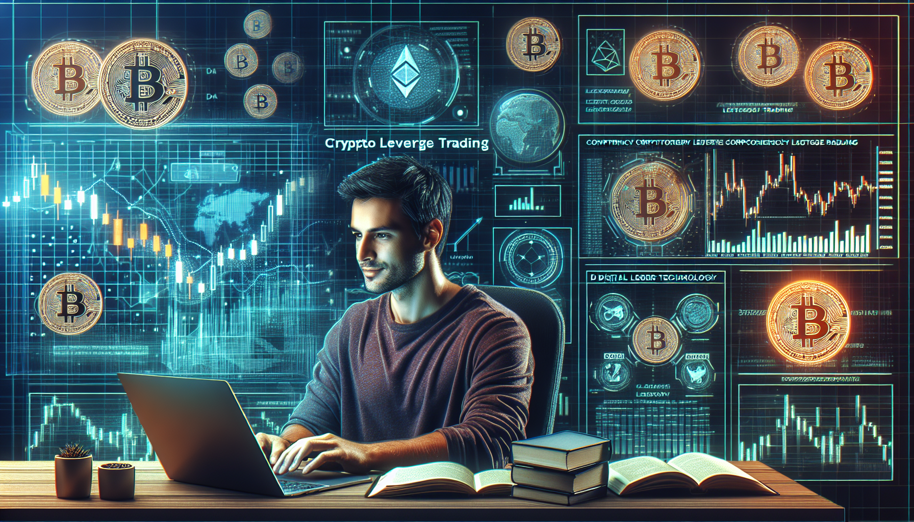 An illustration of a beginner confidently studying cryptocurrency leverage trading on a laptop, surrounded by futuristic digital financial charts and icons. The scene is set in a modern workspace with books and notes on crypto trading strategies. The background features holographic representations of popular cryptocurrencies like Bitcoin and Ethereum.