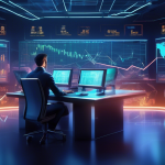 Create a detailed illustration of a futuristic financial trading room with advanced technology screens displaying cryptocurrency charts and graphs. Show a confident trader analyzing the data with 100x leverage indicators prominently highlighted. Include elements of digital currencies like Bitcoin and Ethereum symbols, along with visual representations of growth and potential gains. Make the scene dynamic and energetic, reflecting the high-stakes nature of cryptocurrency trading.