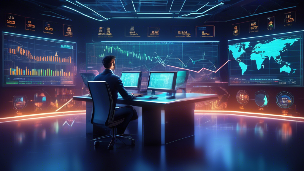 Create a detailed illustration of a futuristic financial trading room with advanced technology screens displaying cryptocurrency charts and graphs. Show a confident trader analyzing the data with 100x leverage indicators prominently highlighted. Include elements of digital currencies like Bitcoin and Ethereum symbols, along with visual representations of growth and potential gains. Make the scene dynamic and energetic, reflecting the high-stakes nature of cryptocurrency trading.