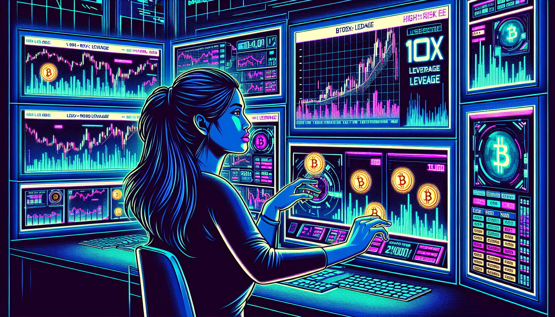 Create a detailed illustration of a futuristic financial trading room with advanced technology, showing a trader intensely monitoring multiple screens displaying cryptocurrency charts and data. The screens should prominently feature a 100x leverage indicator and Bitcoin graphics. Emphasize a high-stakes, high-reward atmosphere, with elements representing both the risks and potential gains of crypto trading on leverage.