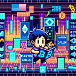 Create an image of a friendly animated character navigating a digital landscape filled with cryptocurrency symbols like Bitcoin and Ethereum. The character is using a map to find safe routes while avoiding pitfalls labeled 'margin calls' and 'liquidation.' The background features a blend of US financial symbols, such as the American flag and Wall Street indicators, with futuristic digital elements.