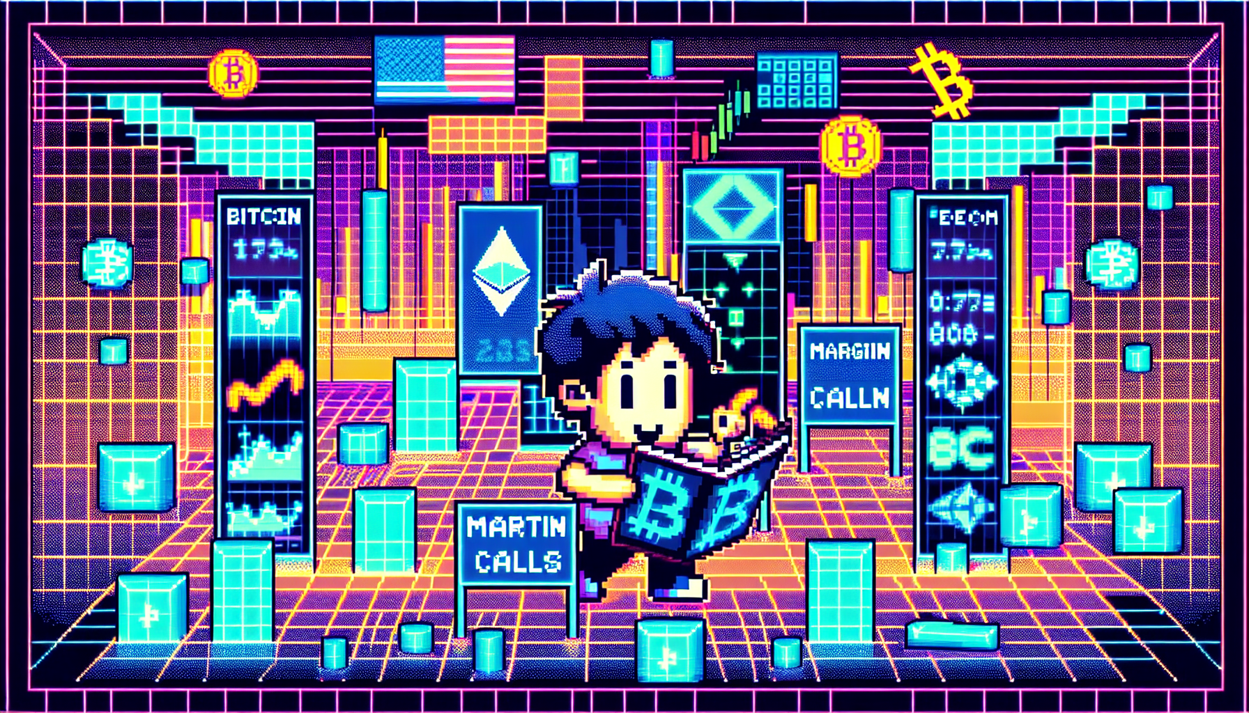 Create an image of a friendly animated character navigating a digital landscape filled with cryptocurrency symbols like Bitcoin and Ethereum. The character is using a map to find safe routes while avoiding pitfalls labeled 'margin calls' and 'liquidation.' The background features a blend of US financial symbols, such as the American flag and Wall Street indicators, with futuristic digital elements.