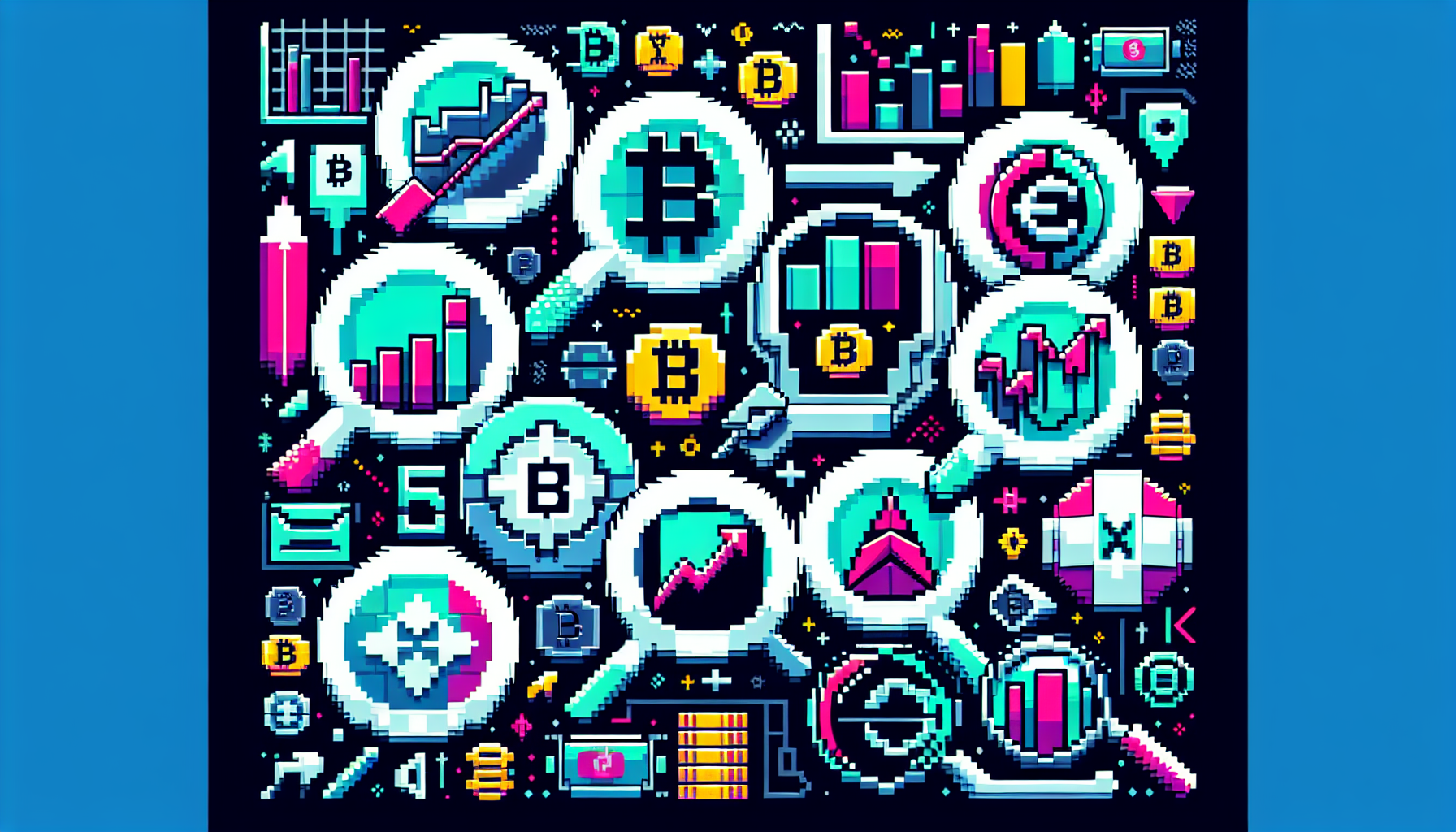 Create a digital illustration that showcases various top cryptocurrency exchange platforms, each represented by their unique logos. Arrange these platforms in a dynamic and eye-catching display, integrating elements such as financial charts, uptrend arrows, and magnifying glasses to signify leverage and analysis. Use a sleek, modern design with a tech-savvy aesthetic.