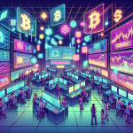 Create a digital art illustration depicting a futuristic trading platform with holographic screens displaying various cryptocurrency symbols and charts. Show traders using advanced tools and interfaces to engage in margin trading. The environment should have a high-tech, modern feel with a focus on financial technology and dynamic market activity.