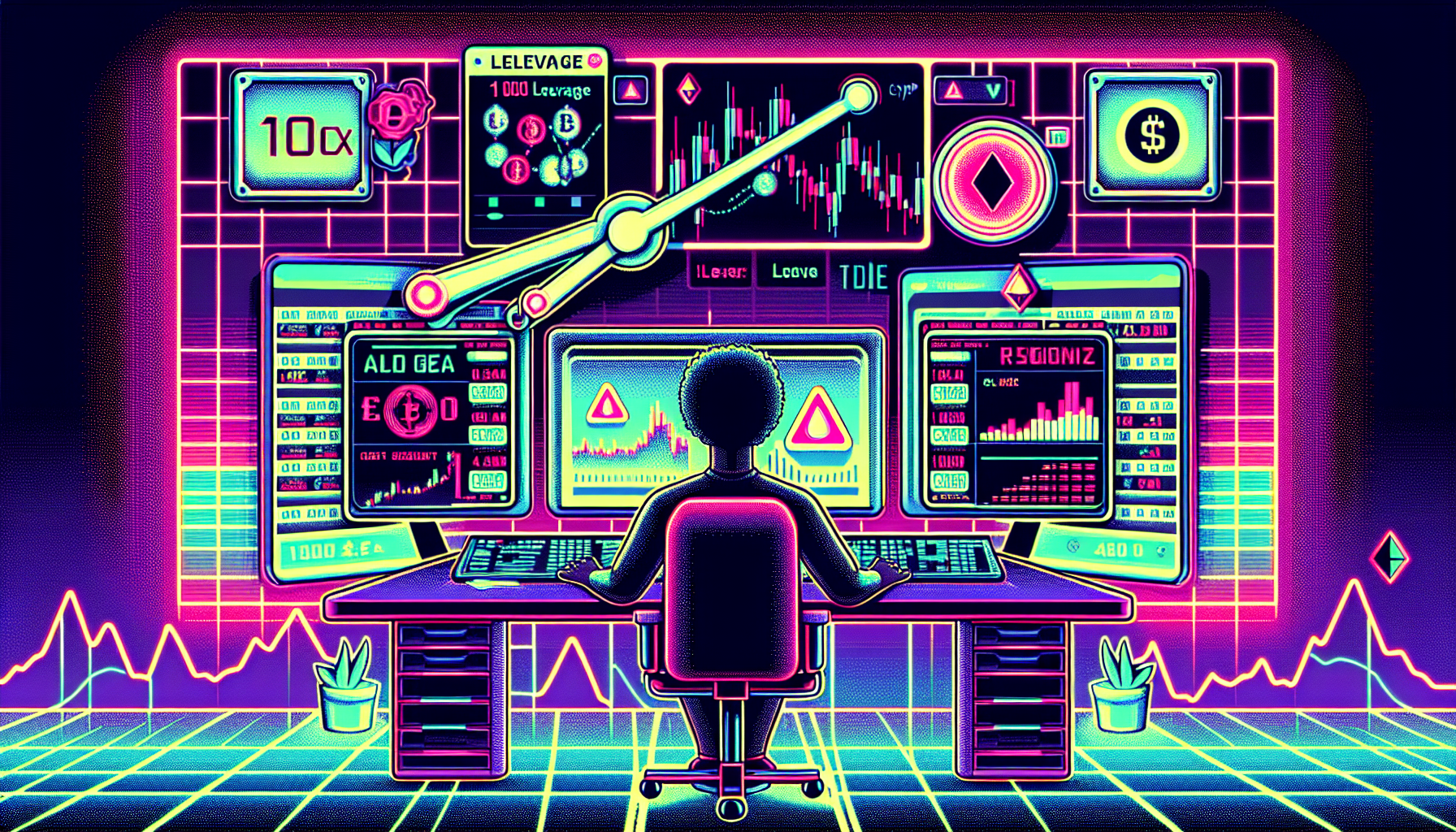 Create a digital illustration depicting the concept of 100x leverage in crypto trading. Show a trader at a desk in a high-tech environment, with multiple screens displaying complex financial charts and crypto assets. Highlight the 100x leverage concept by illustrating a large, metaphorical lever on one side, amplifying the size of the assets and potential profits on the other. Include visual cues of risk, such as warning symbols or a scale balancing potential gains and losses.