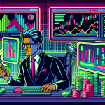 Create an illustration that visually represents the concept of Binance US margin trading. The image should include:n- A professional-looking businessperson or trader analyzing multiple computer screens with complex charts and graphs.n- The Binance US logo prominently displayed on one of the screens.n- Visual elements indicating financial trading such as green and red candlestick charts, numbers, and market trends.n- Symbols representing margin trading, such as a scale balancing risk and reward, or a magnifying glass focusing on a margin percentage.n- A sleek, modern office setting to convey a professional environment.