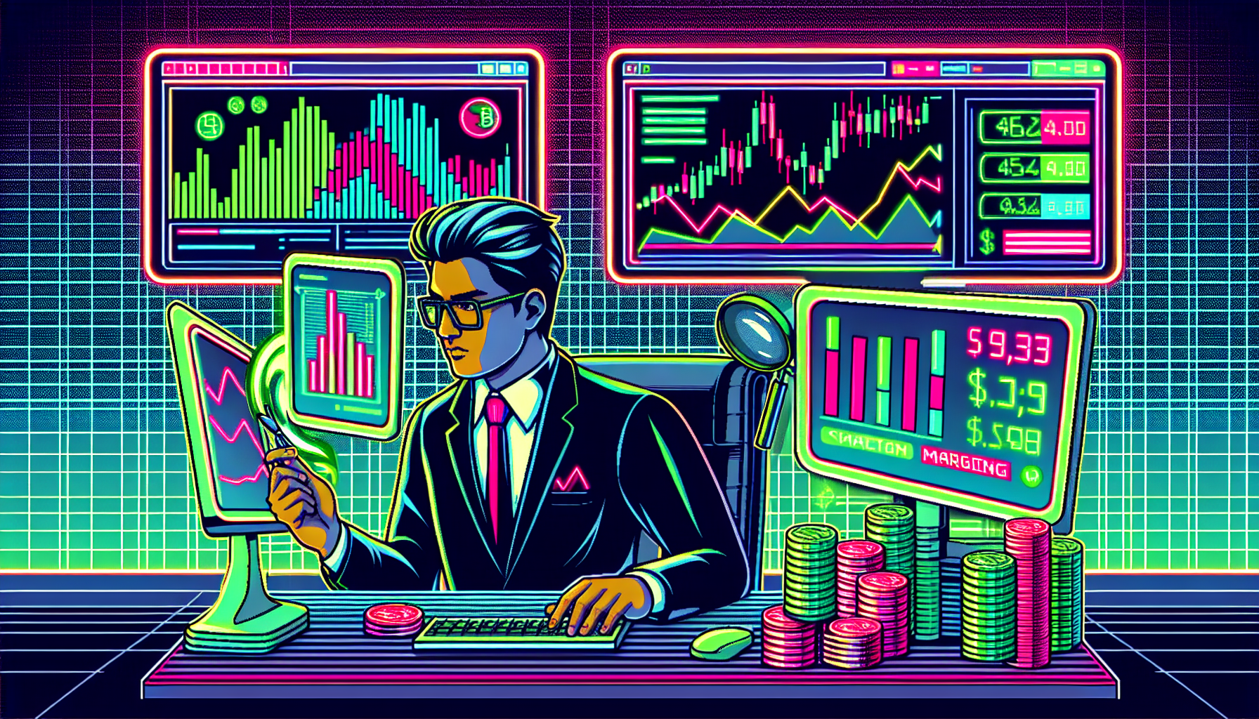 Create an illustration that visually represents the concept of Binance US margin trading. The image should include:n- A professional-looking businessperson or trader analyzing multiple computer screens with complex charts and graphs.n- The Binance US logo prominently displayed on one of the screens.n- Visual elements indicating financial trading such as green and red candlestick charts, numbers, and market trends.n- Symbols representing margin trading, such as a scale balancing risk and reward, or a magnifying glass focusing on a margin percentage.n- A sleek, modern office setting to convey a professional environment.