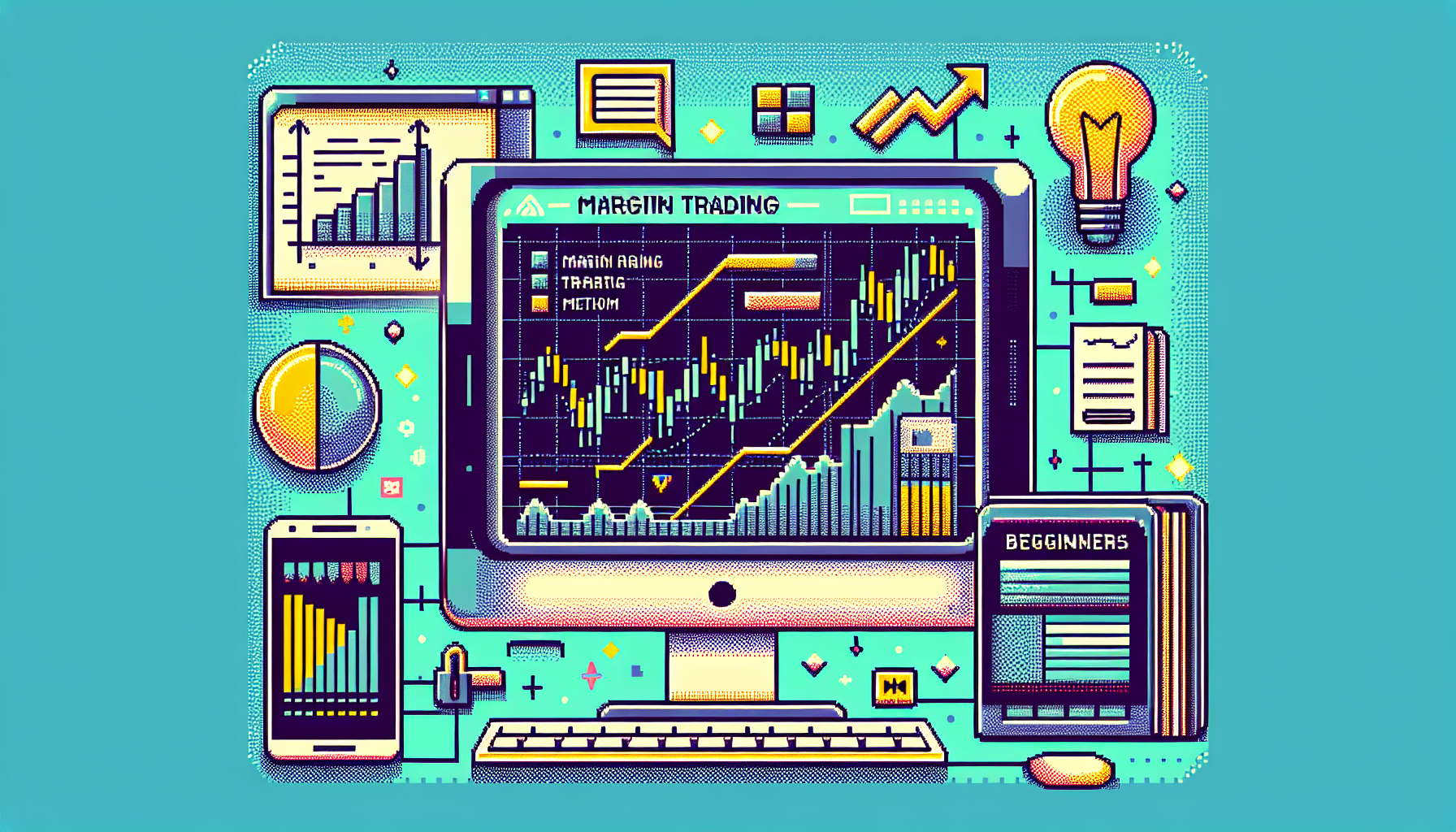 Create an image illustrating the concept of margin trading on Bitget for beginners. The scene should include a user-friendly digital interface on a computer screen or smartphone, displaying various trading tools and graphs. The background should feature helpful icons like a light bulb for ideas, a book for learning, and an upward arrow to signify growth. Add a subtle Bitget logo to reinforce the platform's brand.