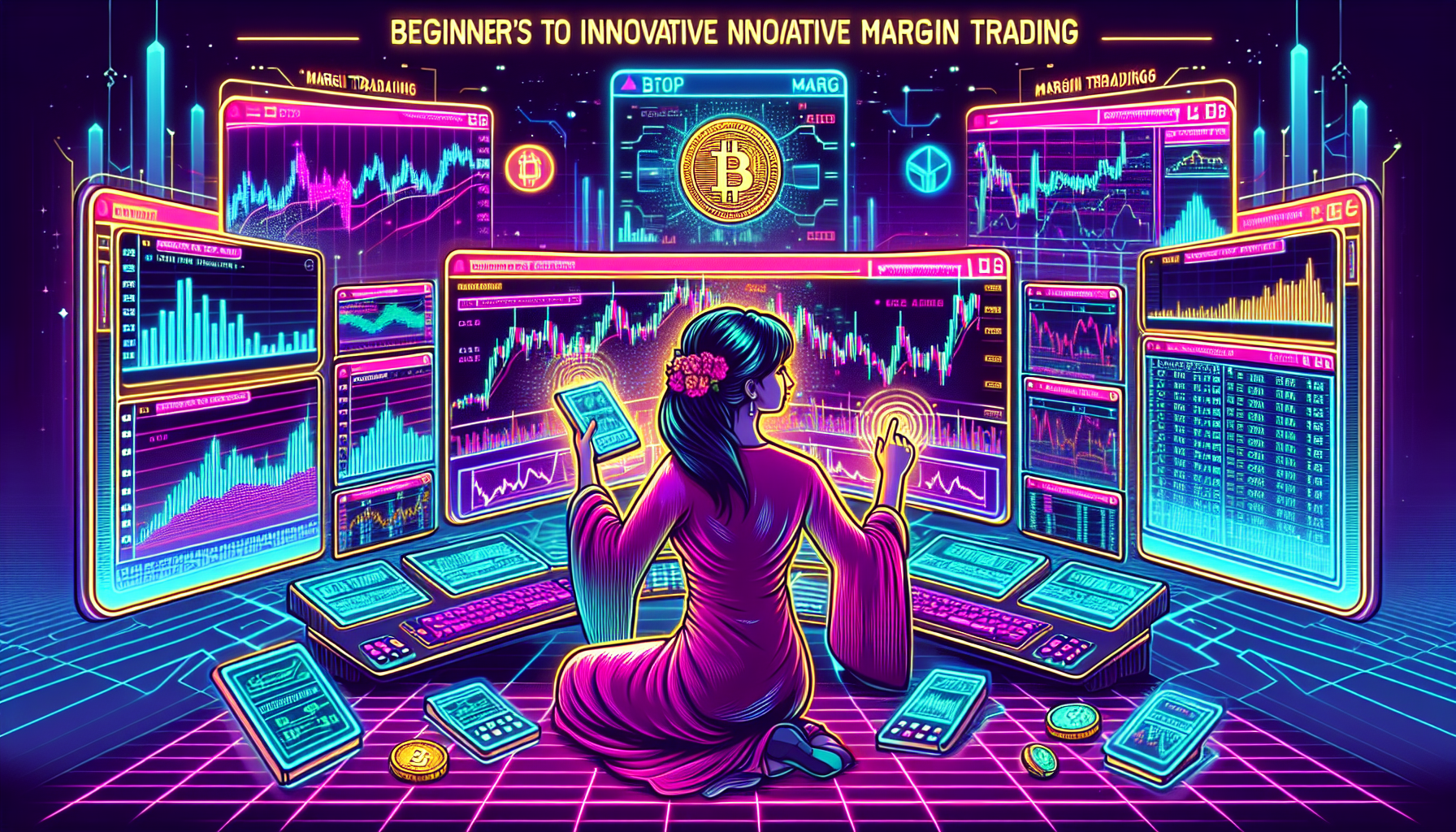 Create an image of a futuristic trading platform with a user interface displaying various cryptocurrency charts and margin trading options, focusing on the Bitget logo. Include an enthusiastic trader in a modern, high-tech setting, eagerly analyzing the charts. The background should feature digital financial graphics and symbols representing innovation in cryptocurrency trading. Label it 'Beginner's Guide to Bitget Margin Trading.'