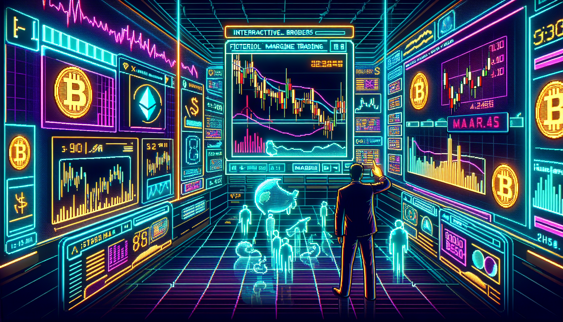 Create an image depicting a futuristic digital trading platform where a user interacts with various graphs, charts, and cryptocurrency icons on multiple holographic screens. The foreground features the prominent logo of Interactive Brokers seamlessly integrated into the interface. The background suggests a high-tech trading environment, with additional elements like fluctuating market lines, candlestick charts, and trade margin indicators to visually represent the complexities of crypto margin trading. The overall scene should feel dynamic and sophisticated, reflecting a modern approach to financial markets.