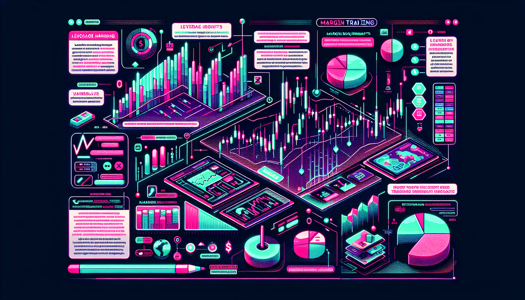 Create a detailed infographic showcasing FTX US margin trading, featuring key concepts such as leverage, margin requirements, risks, and benefits. Include visual elements like graphs, charts, and icons to represent financial data, trading strategies, and risk management tools. Use a modern, professional design with a focus on clarity and educational value.