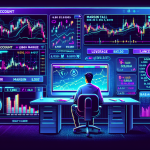 Create an image that depicts the concept of margin accounts in crypto trading. Show a modern, digital trading platform interface with various cryptocurrency charts and figures displayed. Include a trader at a desk, looking at the screen thoughtfully. Incorporate visual elements like a margin call notification, leverage options, and a balance overview to represent the features of a margin account. Use a combination of futuristic and financial themes, with a slight emphasis on the dynamic and volatile nature of cryptocurrency markets.