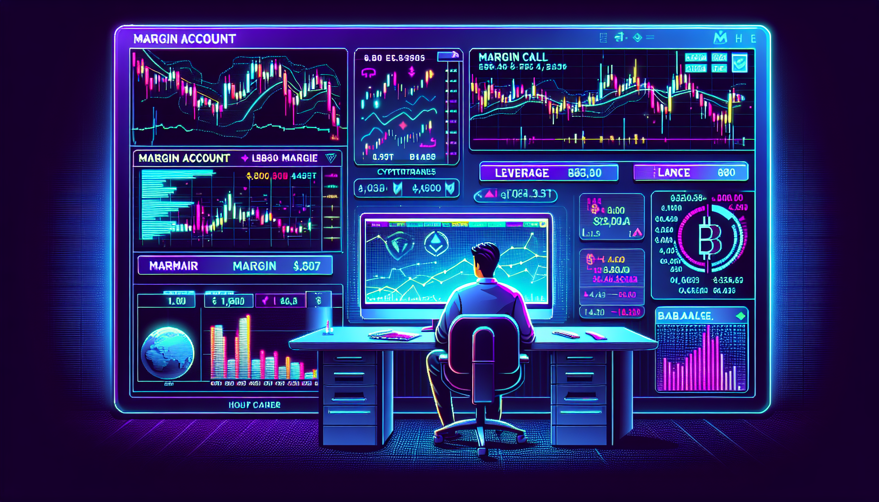 Create an image that depicts the concept of margin accounts in crypto trading. Show a modern, digital trading platform interface with various cryptocurrency charts and figures displayed. Include a trader at a desk, looking at the screen thoughtfully. Incorporate visual elements like a margin call notification, leverage options, and a balance overview to represent the features of a margin account. Use a combination of futuristic and financial themes, with a slight emphasis on the dynamic and volatile nature of cryptocurrency markets.