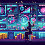 Create an illustration of a futuristic, high-tech financial dashboard displaying various cryptocurrencies and their margins. Include elements such as trend graphs, balance sheets, bitcoin symbols, and a user analyzing the data on a large holographic screen. The background should feature a digital vault symbolizing security and a vibrant, cyber-themed color palette.