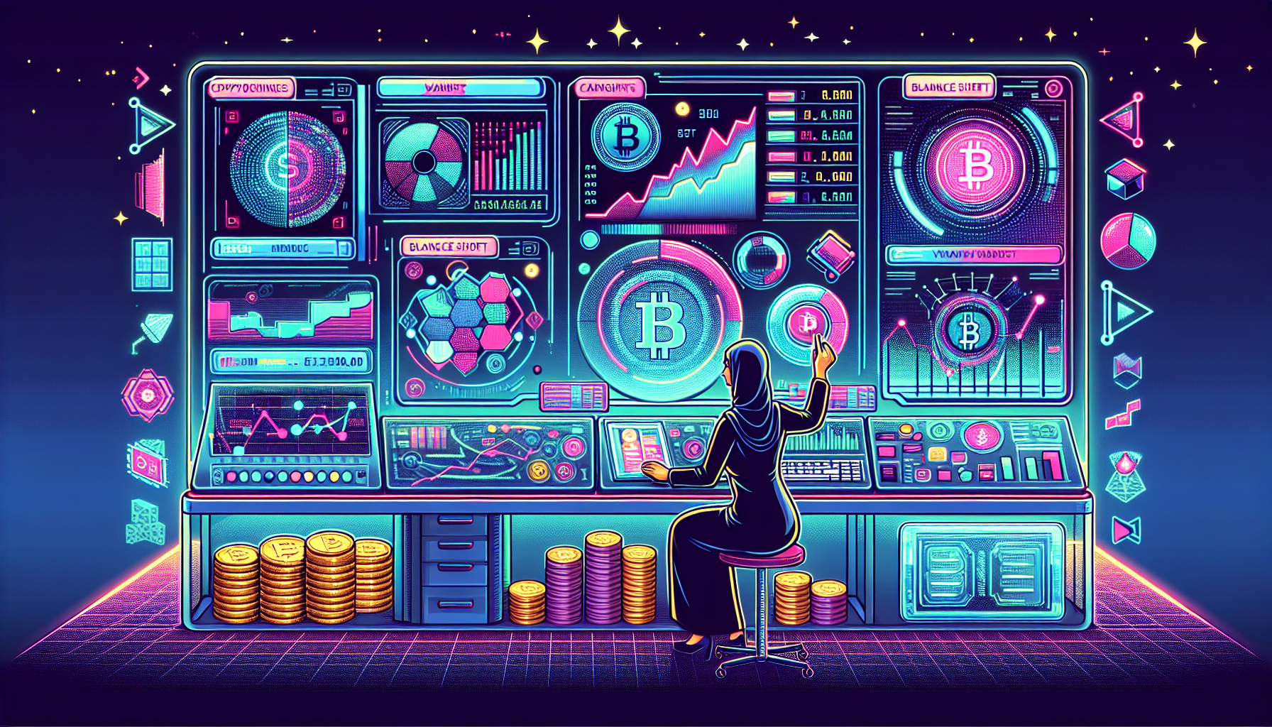 Create an illustration of a futuristic, high-tech financial dashboard displaying various cryptocurrencies and their margins. Include elements such as trend graphs, balance sheets, bitcoin symbols, and a user analyzing the data on a large holographic screen. The background should feature a digital vault symbolizing security and a vibrant, cyber-themed color palette.