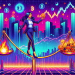 Create an image depicting a futuristic financial scene where a person in a business suit is balancing on a tightrope made of binary code. On one end is a glowing cryptocurrency symbol, and on the other end is a scale with Risks on one side and Rewards on the other. The backdrop is a digital cityscape with holographic graphs and charts, representing the volatile nature of crypto leverage platforms.