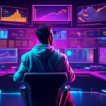 Create an image of a futuristic trading hub with multiple digital screens displaying cryptocurrency charts. Show traders analyzing data and using advanced tech gear. Highlight a section where a trader is comparing different exchanges for leverage trading, with logos of popular crypto exchanges visible. Include elements that emphasize the excitement and risk of the crypto market.