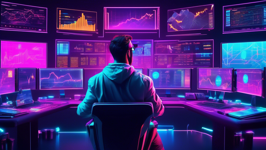 Create an image of a futuristic trading hub with multiple digital screens displaying cryptocurrency charts. Show traders analyzing data and using advanced tech gear. Highlight a section where a trader is comparing different exchanges for leverage trading, with logos of popular crypto exchanges visible. Include elements that emphasize the excitement and risk of the crypto market.