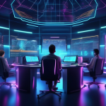 Create an image of a futuristic trading desk with holographic screens displaying cryptocurrency charts, graphs, and leverage options. The scene should include a diverse group of focused traders analyzing data, with symbols for Bitcoin, Ethereum, and other popular cryptocurrencies prominently featured. The background should have a sleek, modern aesthetic with subtle neon lighting, conveying a high-tech, forward-thinking atmosphere.