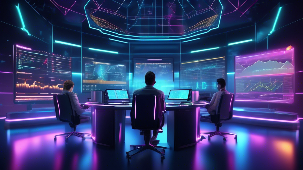 Create an image of a futuristic trading desk with holographic screens displaying cryptocurrency charts, graphs, and leverage options. The scene should include a diverse group of focused traders analyzing data, with symbols for Bitcoin, Ethereum, and other popular cryptocurrencies prominently featured. The background should have a sleek, modern aesthetic with subtle neon lighting, conveying a high-tech, forward-thinking atmosphere.