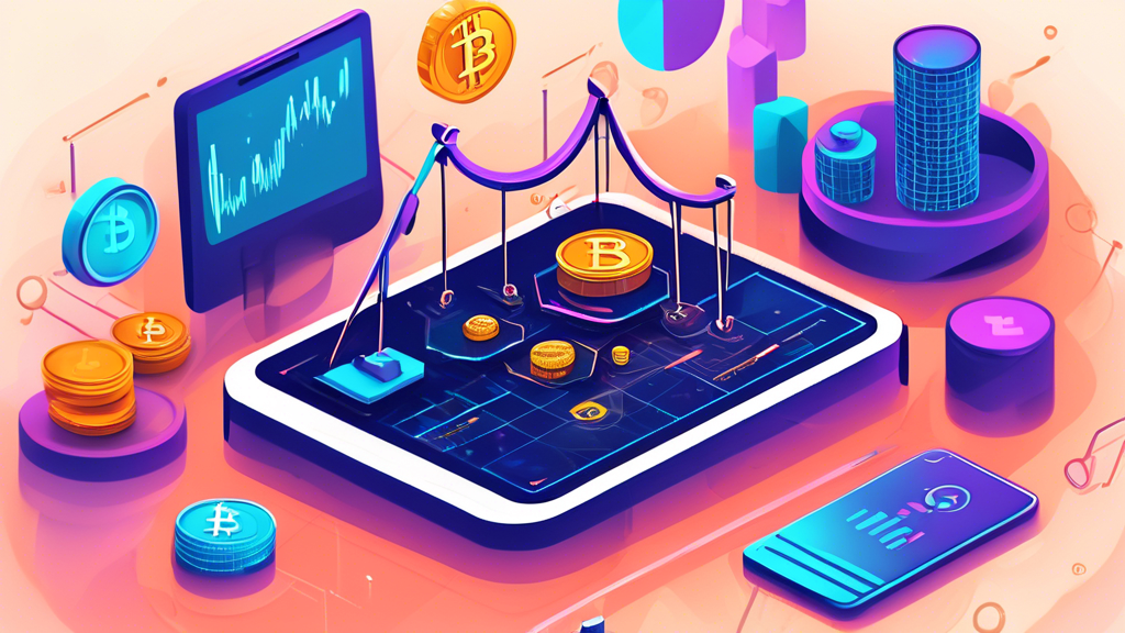 Create an illustration highlighting the concept of crypto leverage trading platforms. Include elements such as digital coins (like Bitcoin and Ethereum), bar and line charts representing market trends, and symbols of leverage (e.g., balance scales, magnifying glasses). The background should depict a high-tech, modern trading environment with screens and graphs, evoking the dynamic world of cryptocurrency trading.