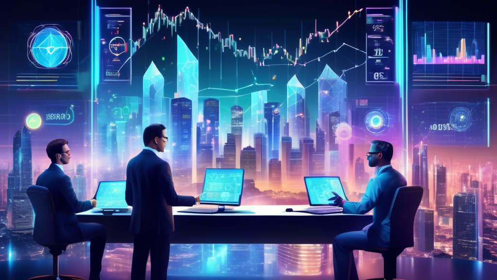 Create a digital illustration showing an array of futuristic financial charts and graphs, all holographically displayed above a futuristic cityscape. Central to the image, a few prominent figures in business attire examine the charts, with different icons and logos representing various top cryptocurrency exchanges (like Binance, Coinbase, Kraken) and leverage percentages floating around them. The backdrop should have a sleek, high-tech, and vibrant design, reflecting the advanced and competitive nature of cryptocurrency trading in 2023.