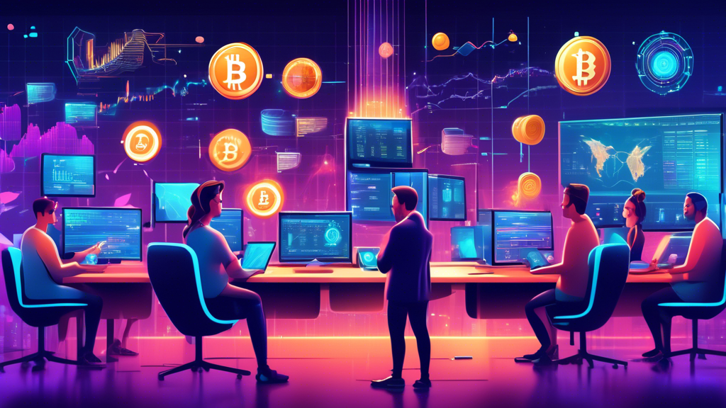 Create a digital illustration of a futuristic trading platform bustling with activity. Show a diverse group of people engaging in margin trading for various cryptocurrencies, with high-tech screens displaying real-time data, charts, and stats. Incorporate elements like Bitcoin, Ethereum, and other popular crypto icons. Surround the main trading area with holographic interfaces, floating exchange rates, and a sleek, modern design to emphasize the advanced technology and dynamic environment of a top-tier crypto exchange.