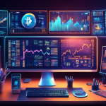 A detailed digital illustration of a financial analyst's desk filled with various tools and charts. The screens display various types of crypto trading ana