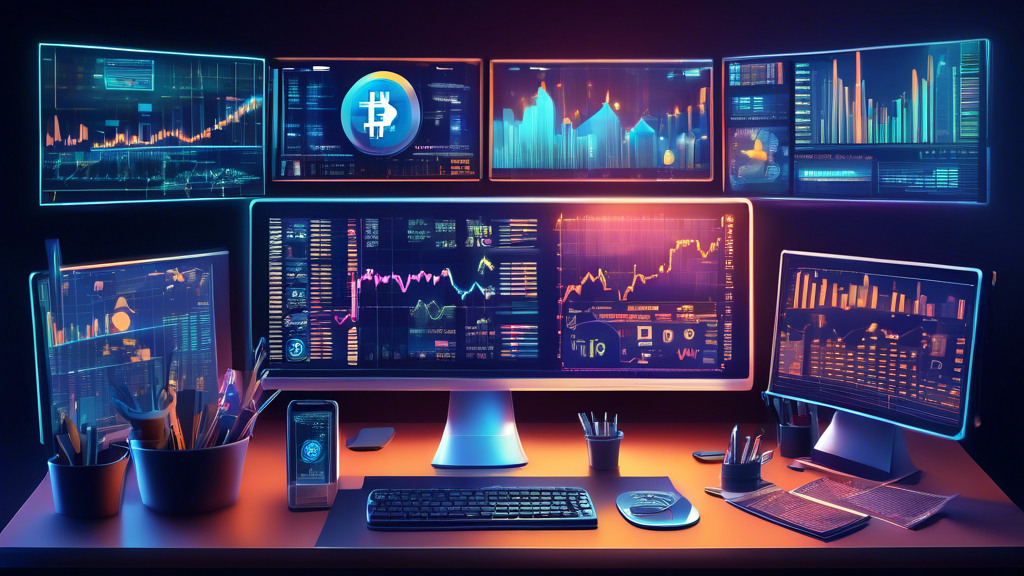 A detailed digital illustration of a financial analyst's desk filled with various tools and charts. The screens display various types of crypto trading ana