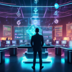 A futuristic trading floor bustling with holographic screens showing cryptocurrency charts and exchange rates. A serious and focused trader stands in the c