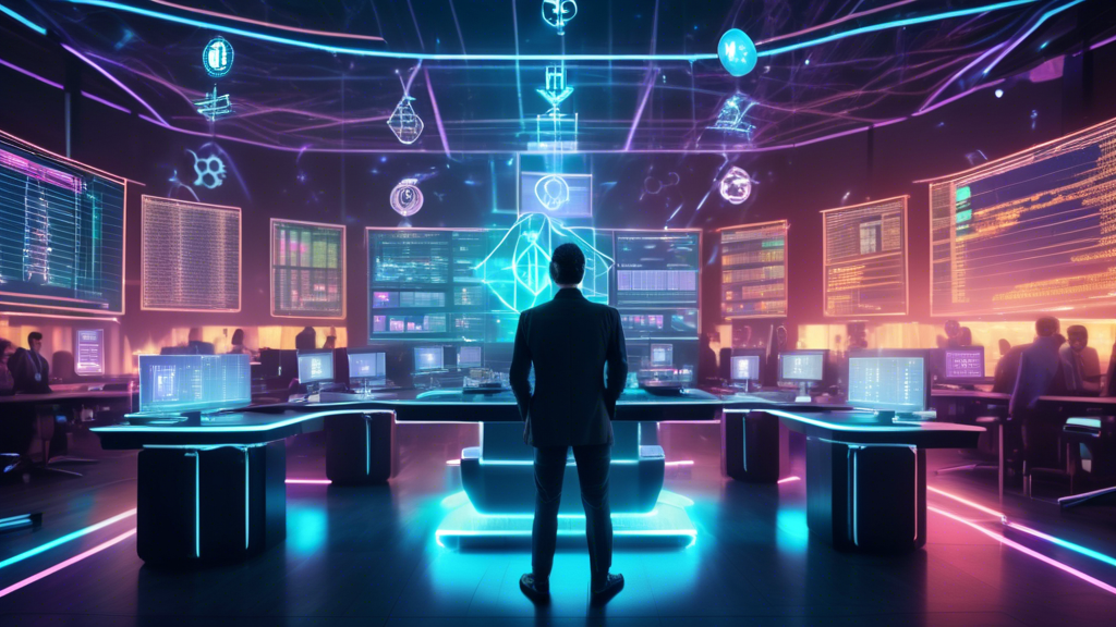 A futuristic trading floor bustling with holographic screens showing cryptocurrency charts and exchange rates. A serious and focused trader stands in the c