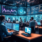 A futuristic trading room filled with holographic displays, where traders are analyzing both cryptocurrency charts and traditional economic indicators. The