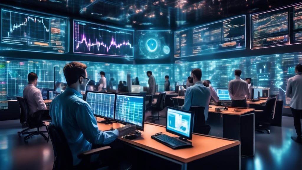 A futuristic trading room filled with holographic displays, where traders are analyzing both cryptocurrency charts and traditional economic indicators. The