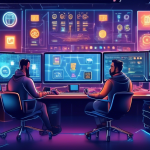 An illustration of a futuristic digital trading hub with multiple monitors displaying various cryptocurrency charts, symbols of popular cryptocurrencies li